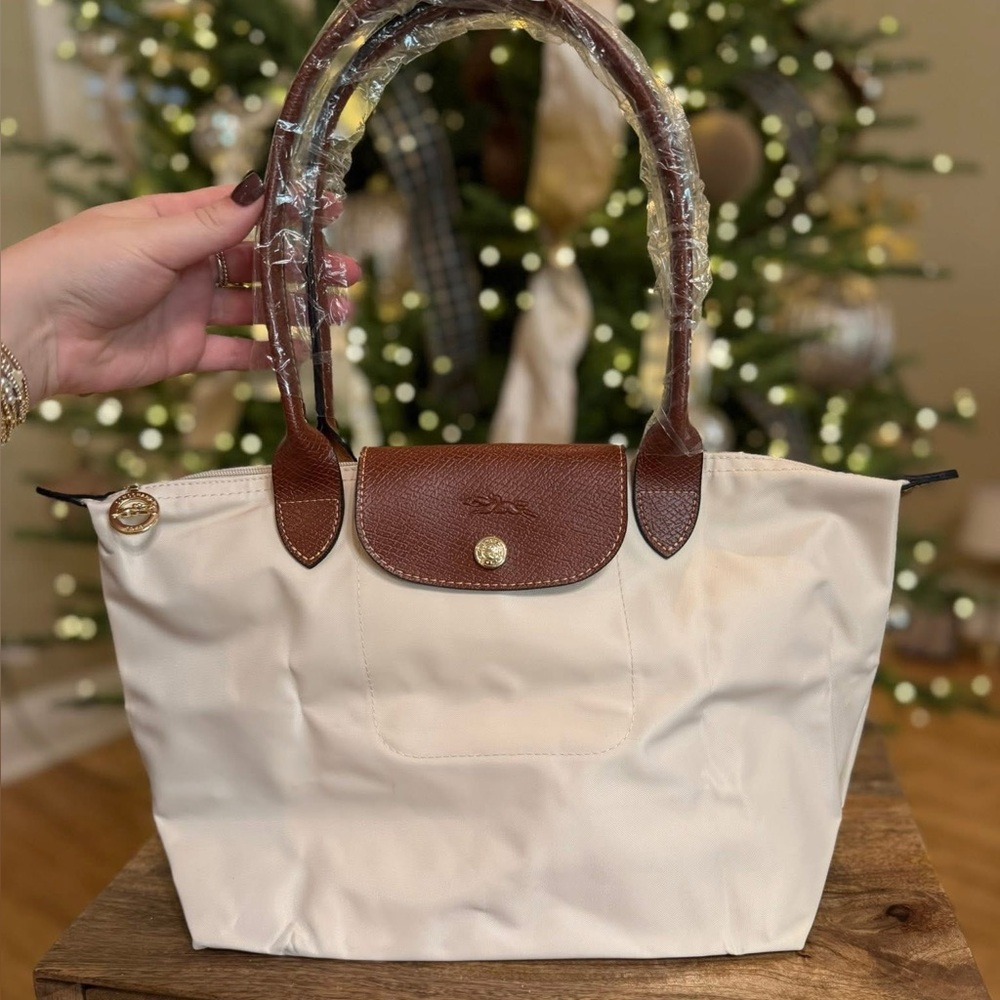 Longchamp Cream Tote with Brown Leather Trim